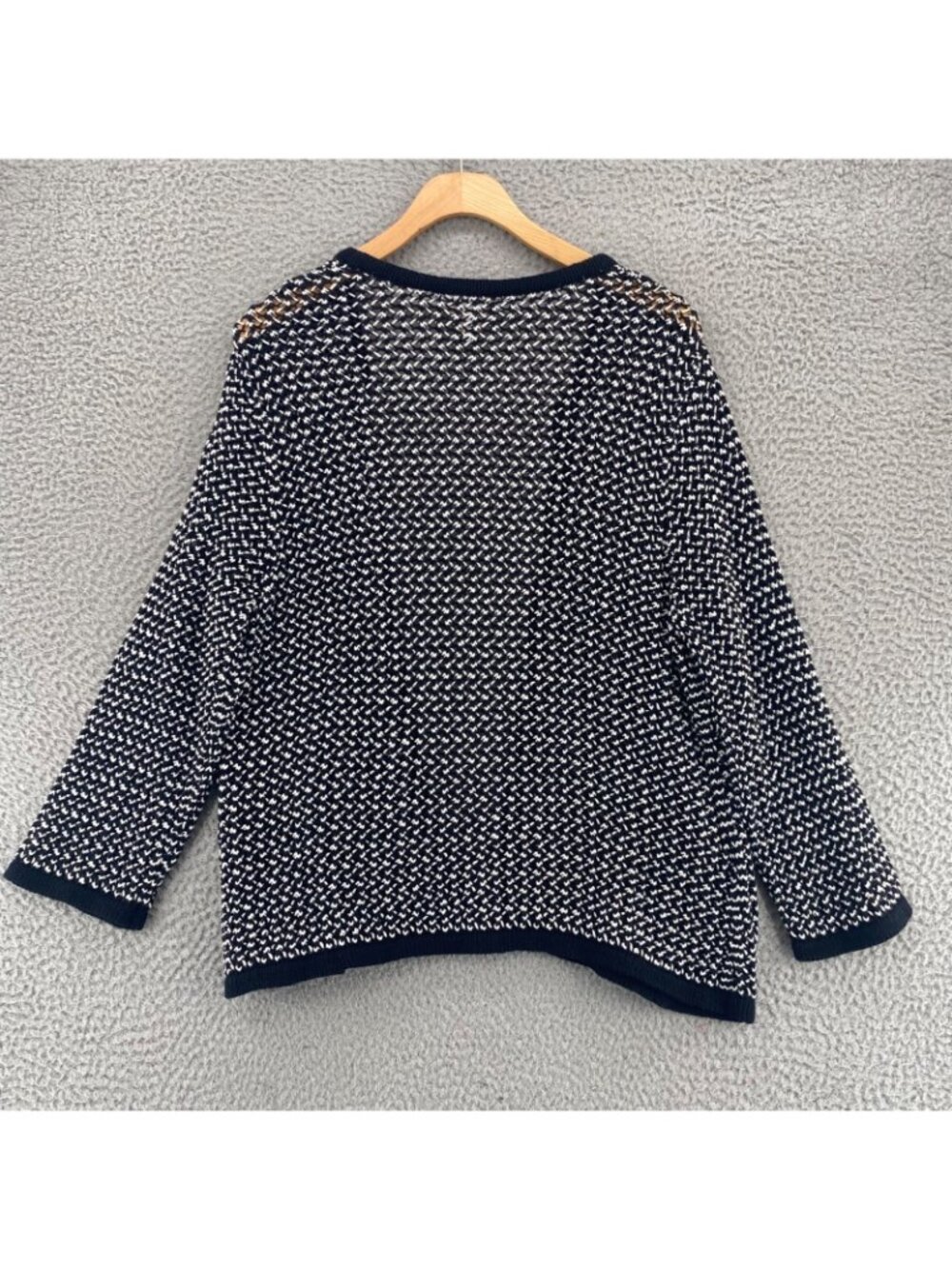 Chicos Sweater Women 2 US Large Black Stripes Open Knit 3/4 Sleeve Cotton Topper - Picture 3 of 10